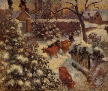 Cattle Cow Bull Painting - snow effect in montfoucault 1882 Camille Pissarro bulls